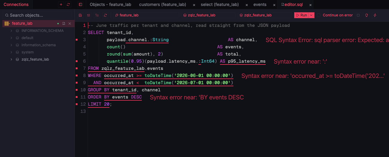 ZQLZ editor with a ClickHouse query reading the sub-columns of a JSON column