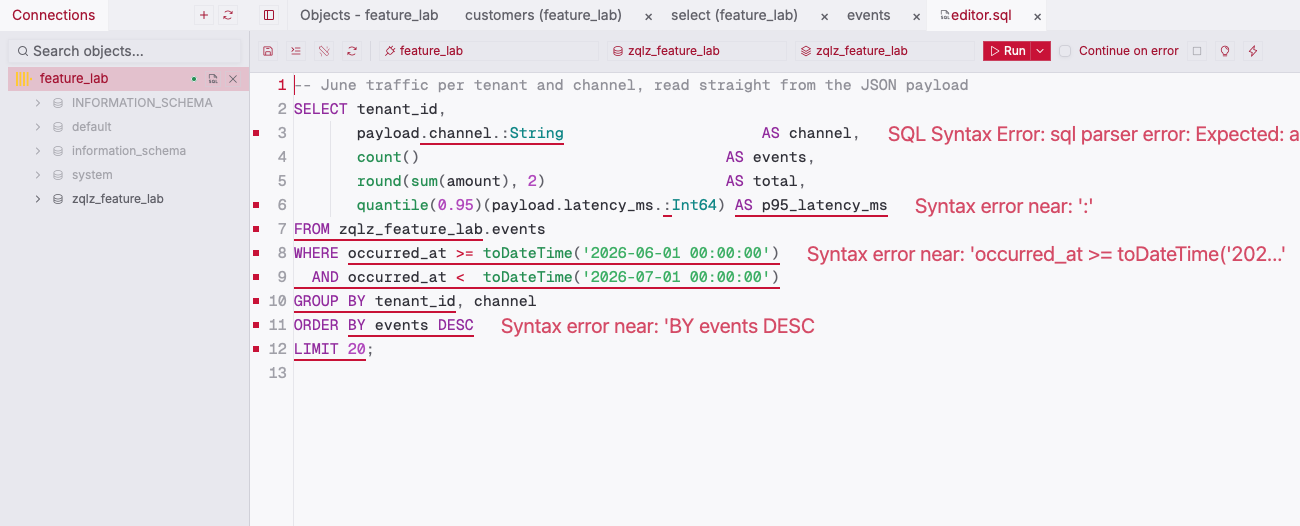 ZQLZ editor with a ClickHouse query reading the sub-columns of a JSON column