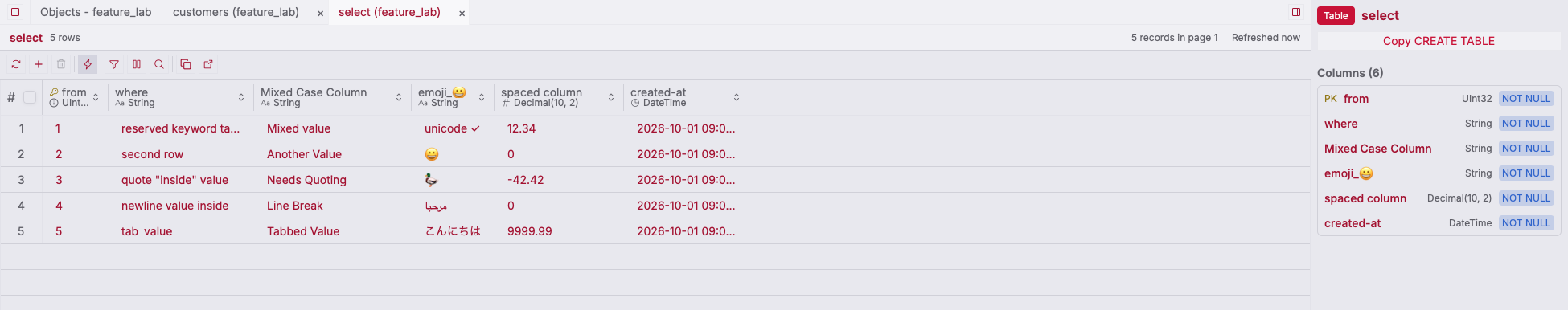 ZQLZ grid of a ClickHouse table named select with keyword, spaced, hyphenated and emoji column names