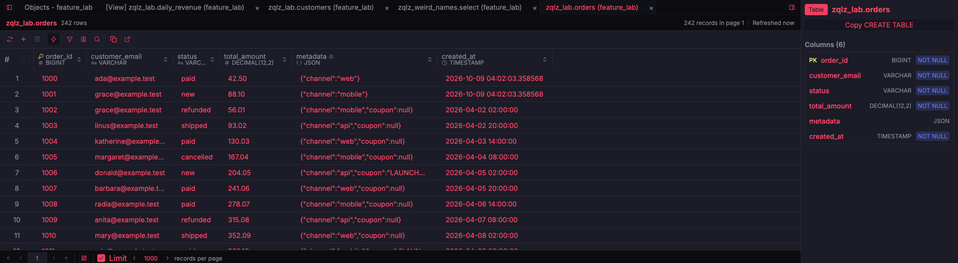 ZQLZ grid of a DuckDB orders table with a JSON column, beside its column list