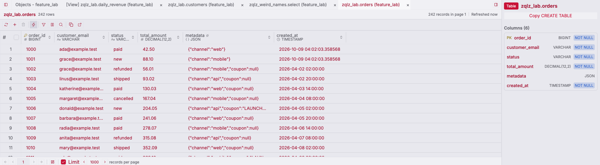 ZQLZ grid of a DuckDB orders table with a JSON column, beside its column list