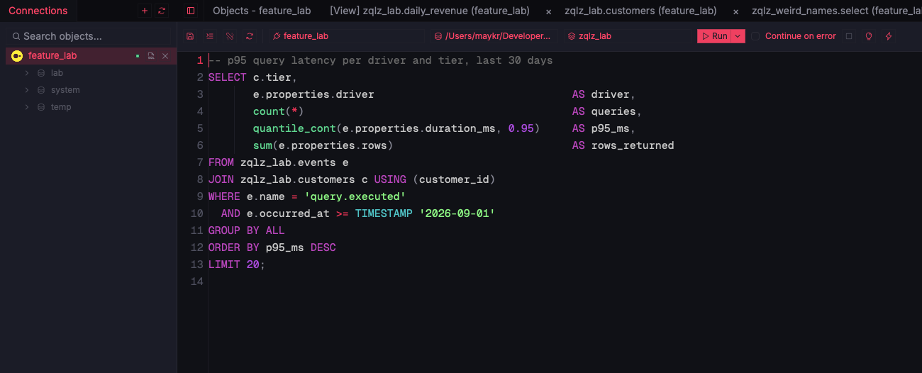 ZQLZ SQL editor with a DuckDB query using STRUCT field access, quantile_cont, and GROUP BY ALL