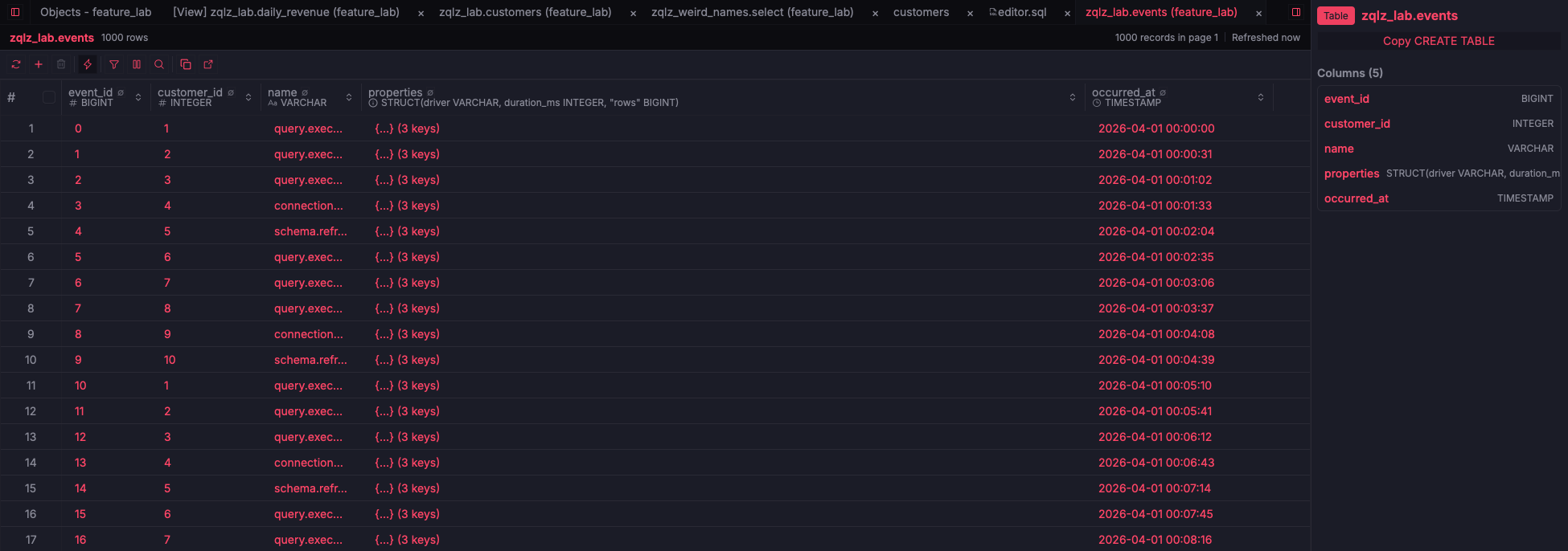 ZQLZ grid of a 500,000-row DuckDB events table with a STRUCT properties column