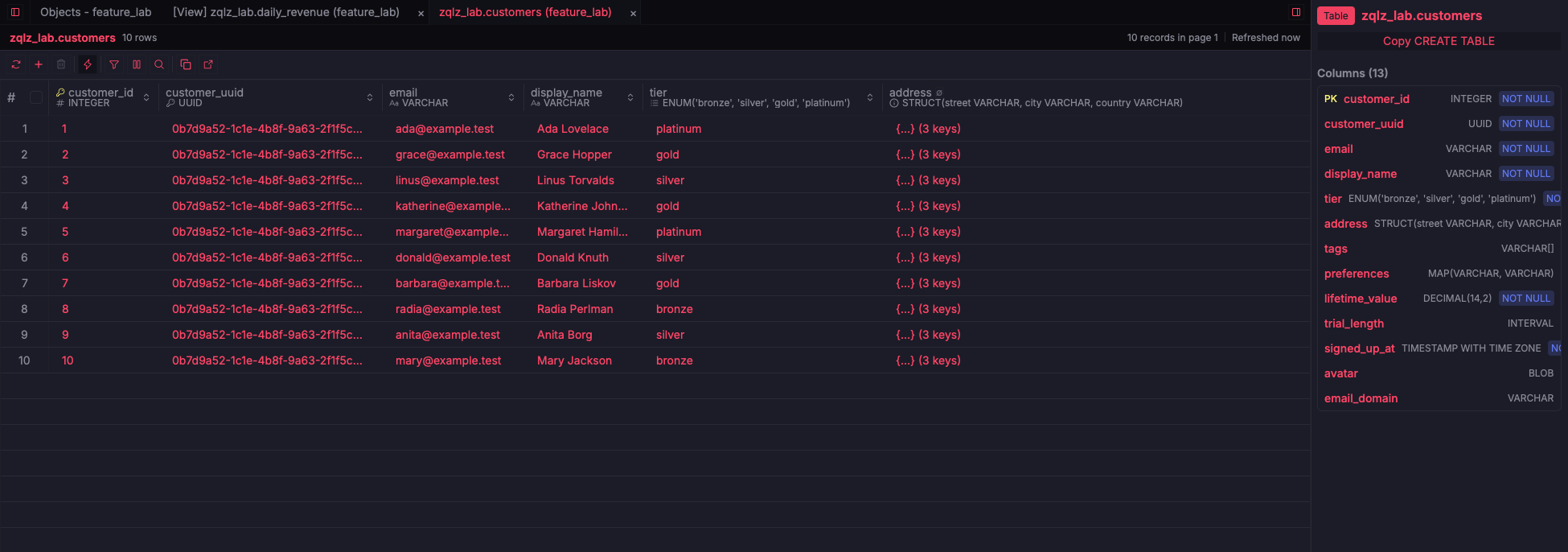 ZQLZ grid of a DuckDB customers table with UUID, ENUM, and STRUCT columns