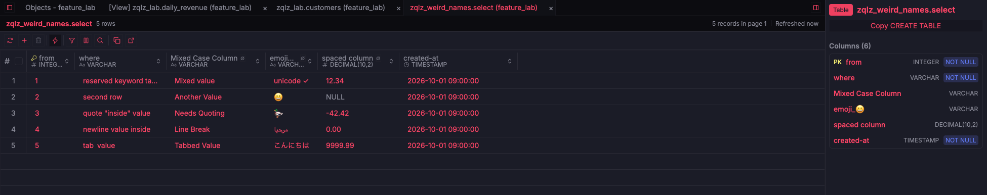 ZQLZ grid of a DuckDB table named select with mixed-case and spaced columns and emoji values
