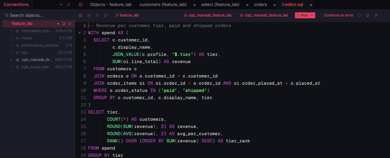 ZQLZ SQL editor with a MariaDB CTE, JSON_VALUE, and a RANK() window function