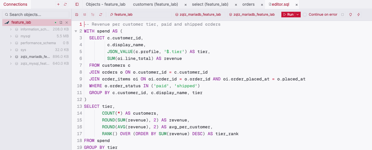 ZQLZ SQL editor with a MariaDB CTE, JSON_VALUE, and a RANK() window function
