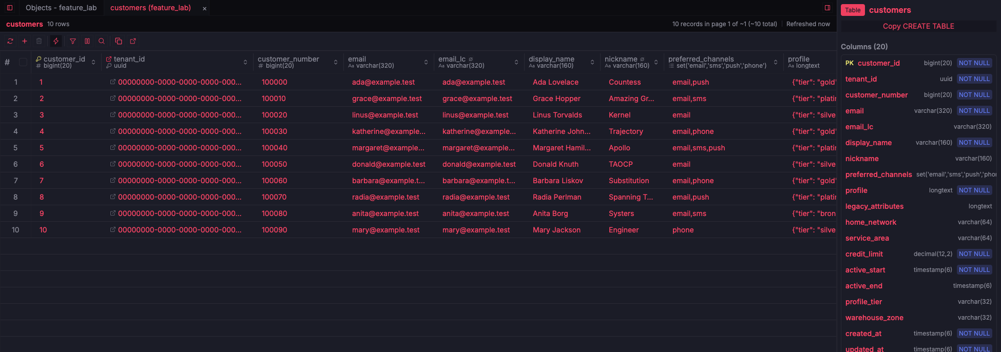 ZQLZ grid of a MariaDB customers table with native UUID, SET, and JSON columns