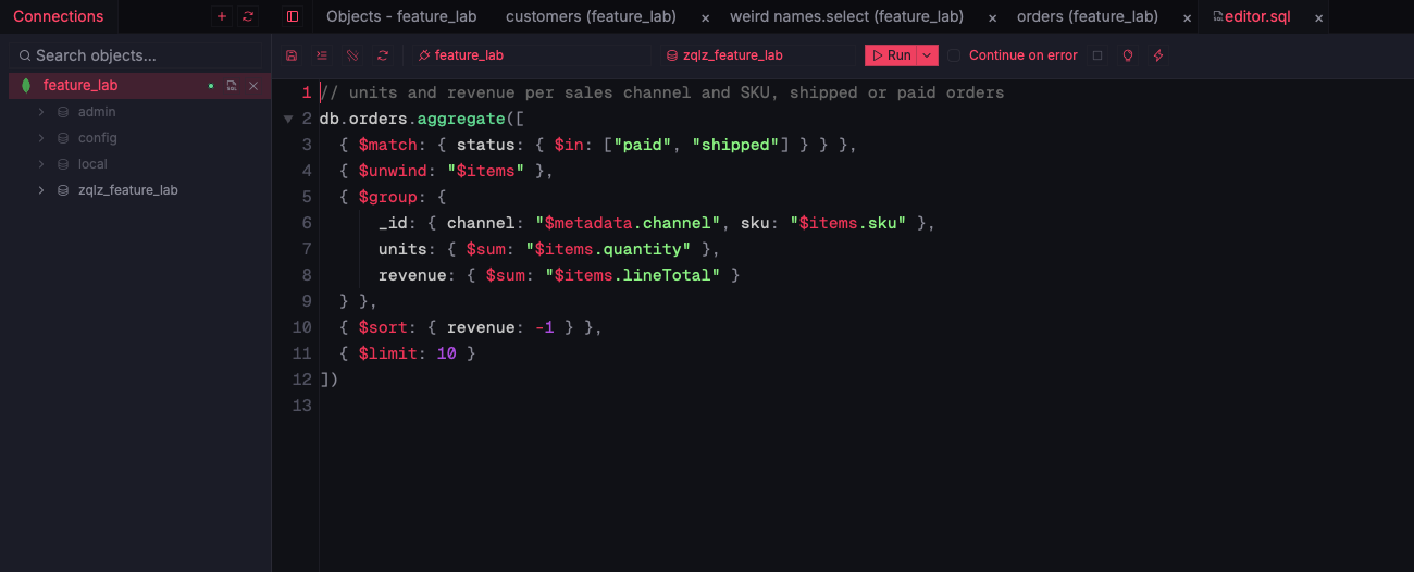 ZQLZ editor with a MongoDB aggregation pipeline grouping orders by channel and SKU