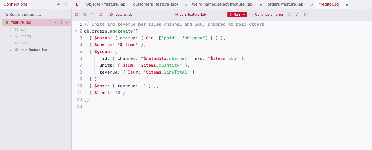 ZQLZ editor with a MongoDB aggregation pipeline grouping orders by channel and SKU