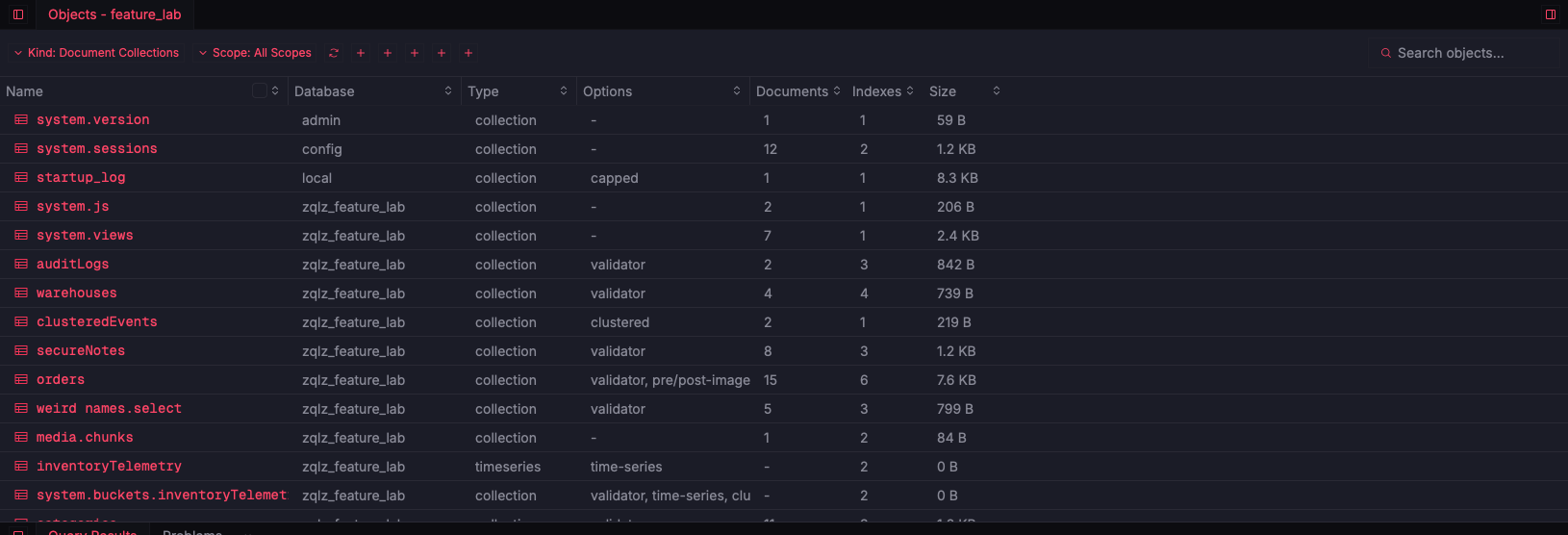 ZQLZ objects panel listing MongoDB collections, views and time series collections with document count, index count and size