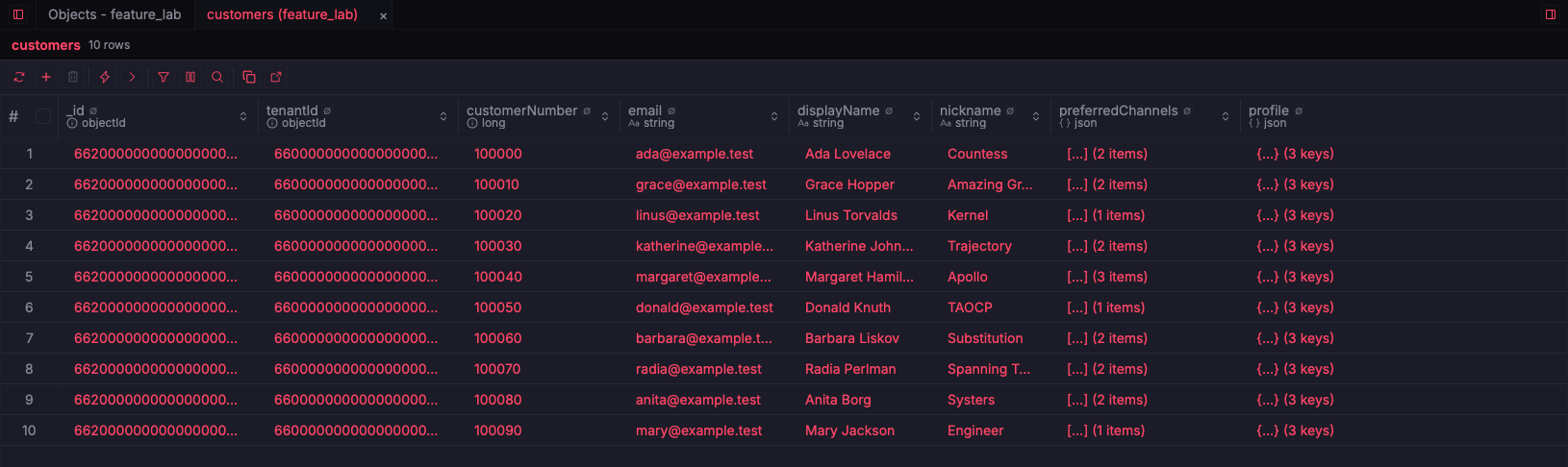 ZQLZ document grid for a MongoDB collection with ObjectId, long and string fields and collapsed nested objects and arrays