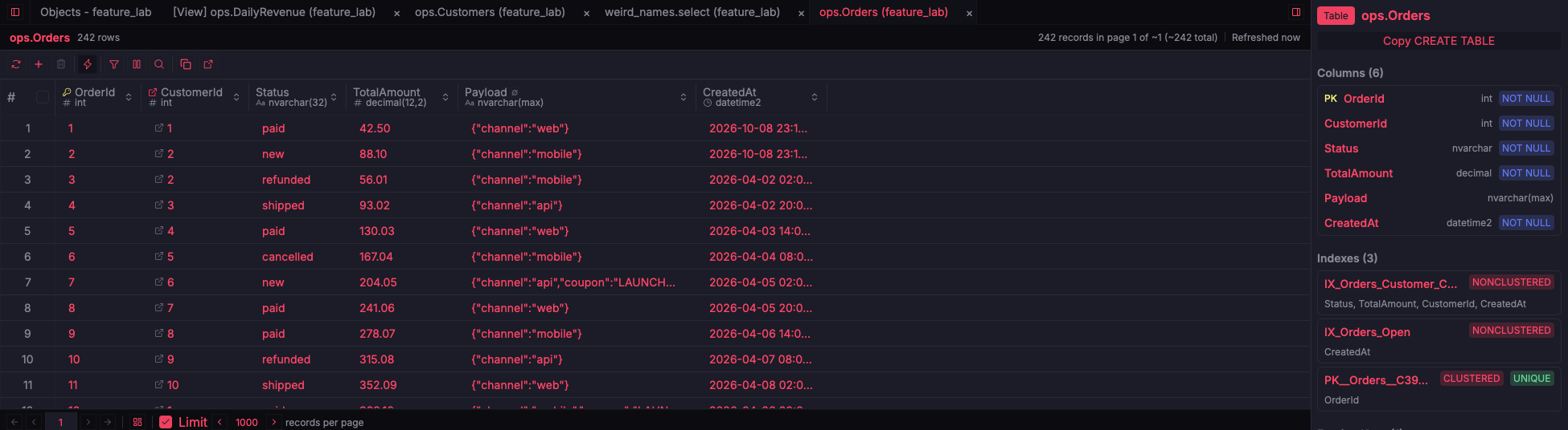 ZQLZ grid of a SQL Server orders table with foreign key markers, and its columns and indexes in the side panel