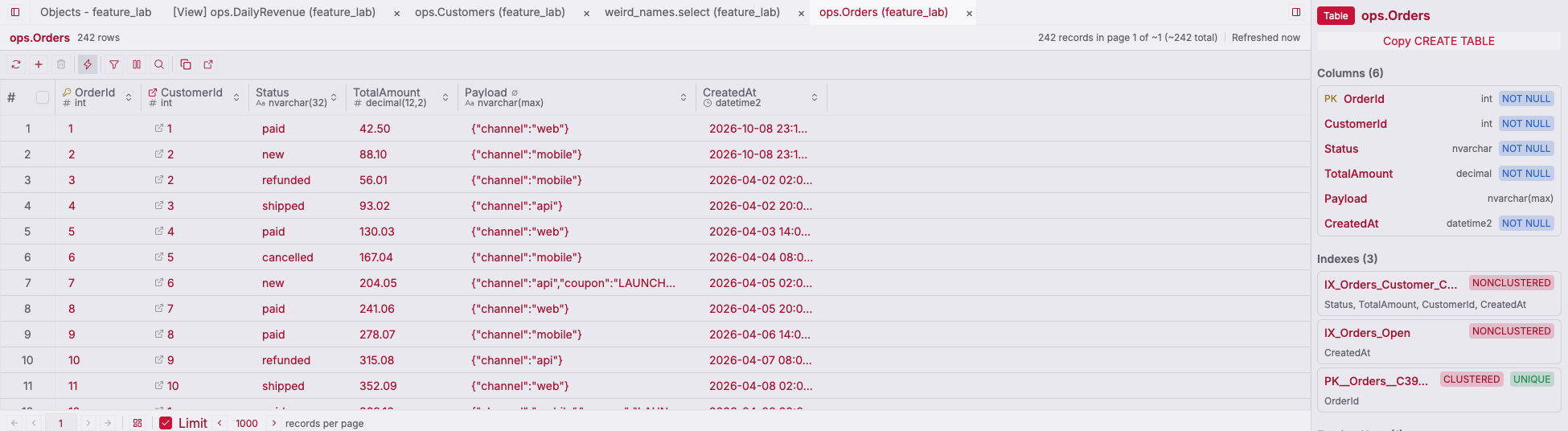 ZQLZ grid of a SQL Server orders table with foreign key markers, and its columns and indexes in the side panel