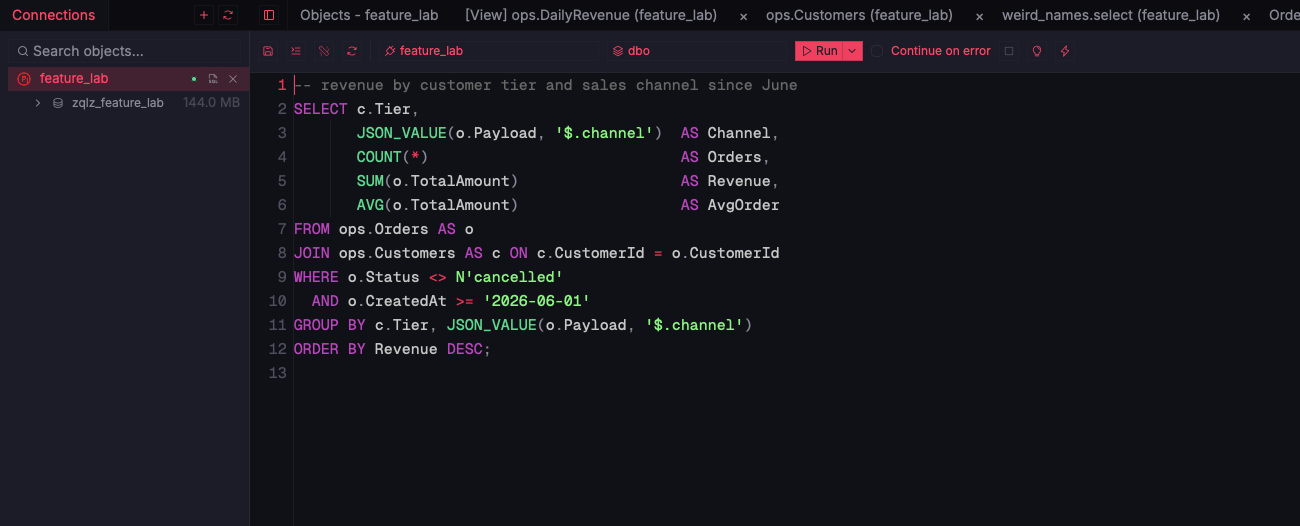 ZQLZ editor with a T-SQL query that reads a JSON value from a column and groups on it