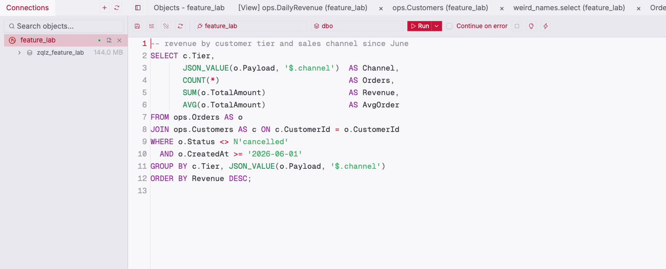 ZQLZ editor with a T-SQL query that reads a JSON value from a column and groups on it