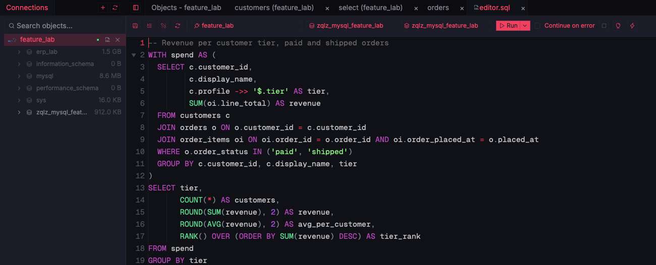 ZQLZ SQL editor with a MySQL CTE, the ->> JSON operator, and a RANK() window function