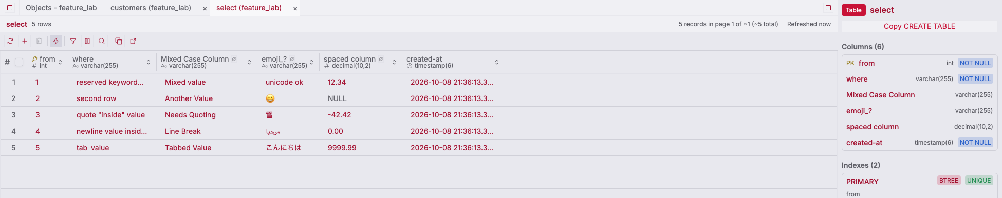 ZQLZ grid of a MySQL table named select with mixed-case and spaced columns and emoji values