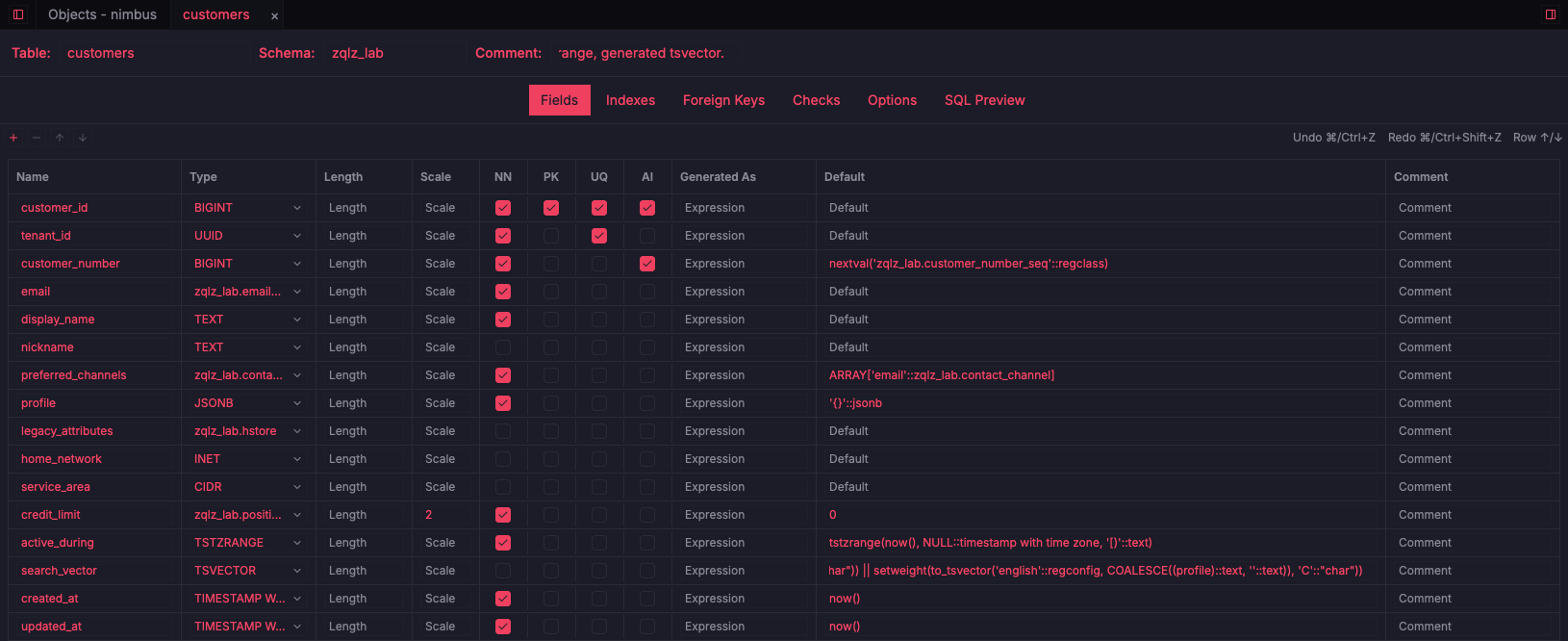 ZQLZ table designer editing the columns of a PostgreSQL table