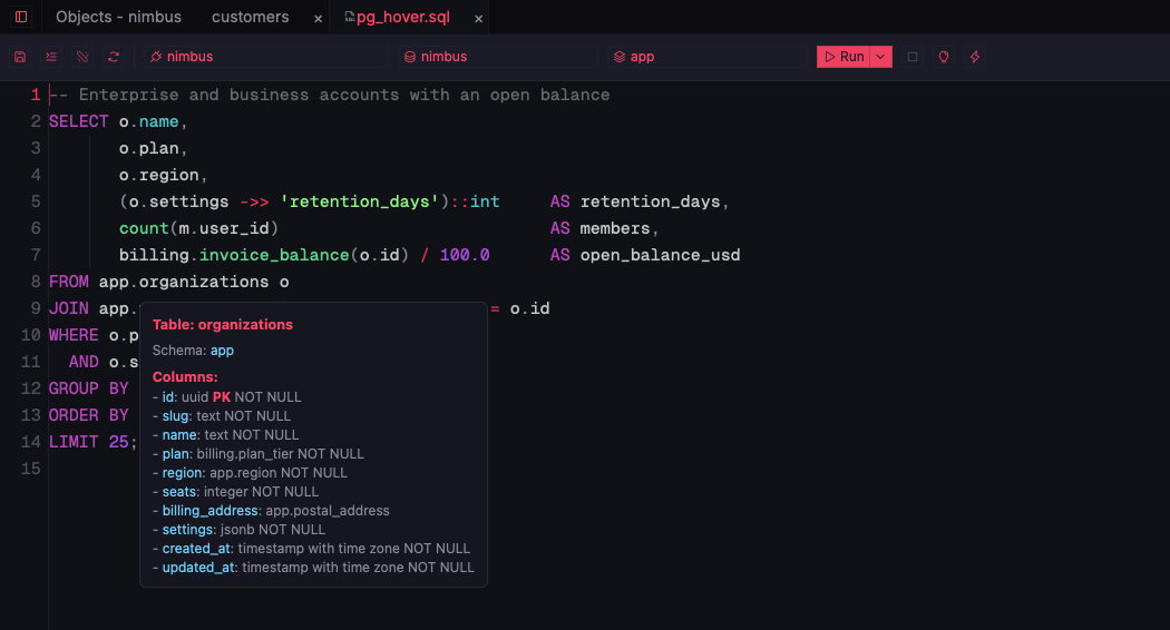 ZQLZ SQL editor showing a hover card with the columns of a PostgreSQL table