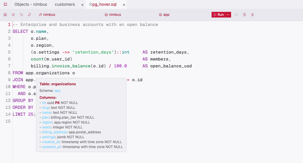 ZQLZ SQL editor showing a hover card with the columns of a PostgreSQL table