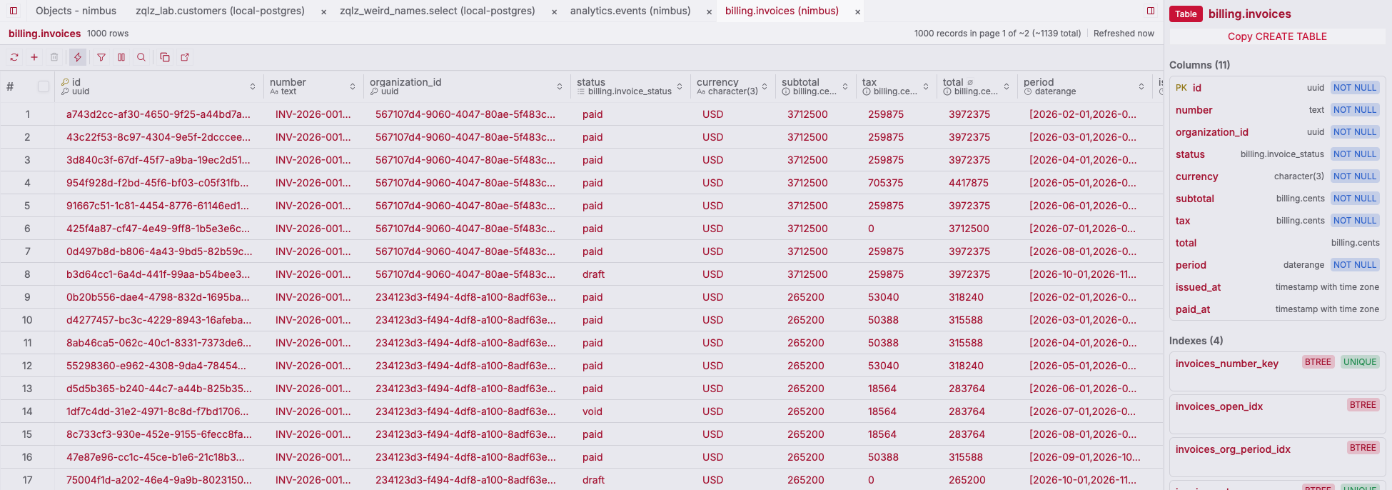 ZQLZ result grid showing a PostgreSQL billing.invoices table with typed columns and the column inspector