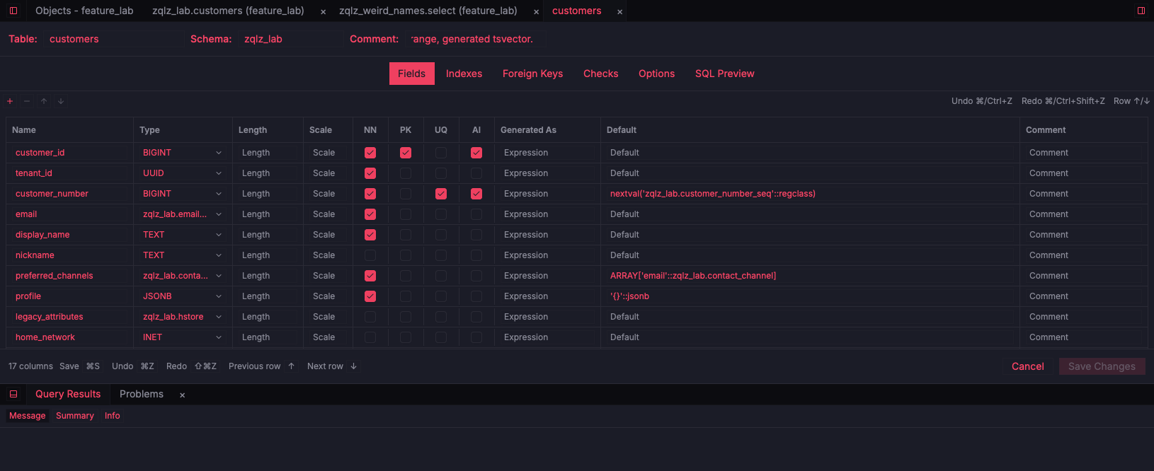 ZQLZ table designer for a PostgreSQL table with domain, enum array, inet, cidr, and tstzrange columns