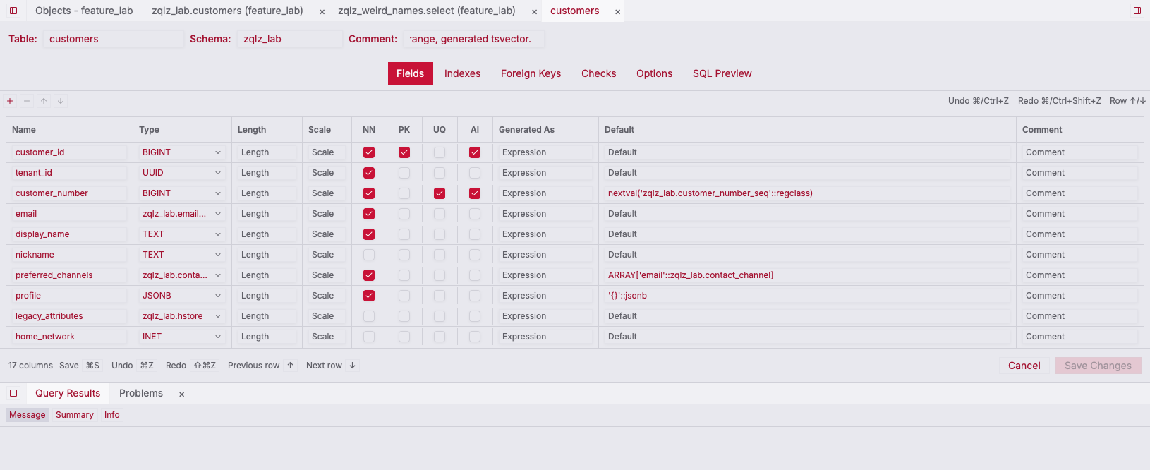 ZQLZ table designer for a PostgreSQL table with domain, enum array, inet, cidr, and tstzrange columns