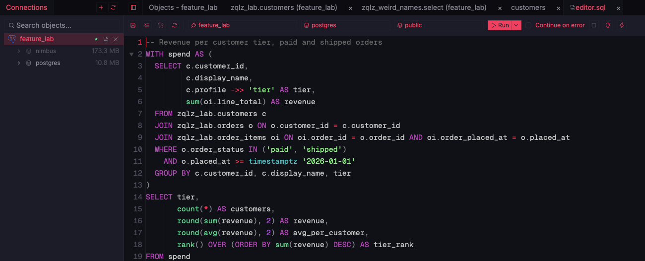 ZQLZ SQL editor with a PostgreSQL CTE, the ->> JSON operator, and a rank() window function