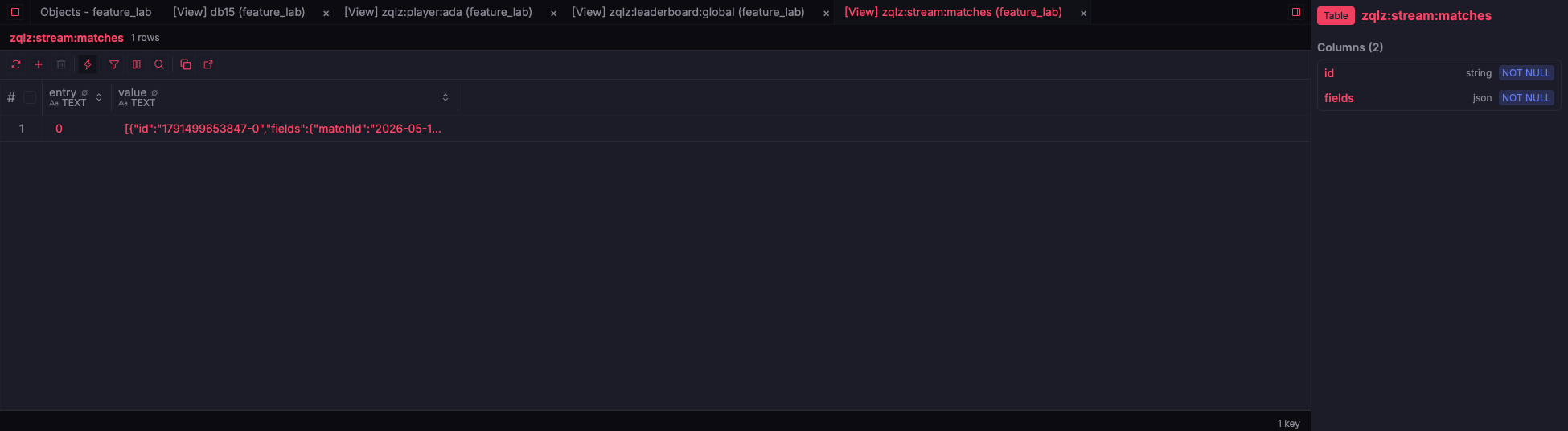 ZQLZ grid of a Redis stream showing entry IDs and field values