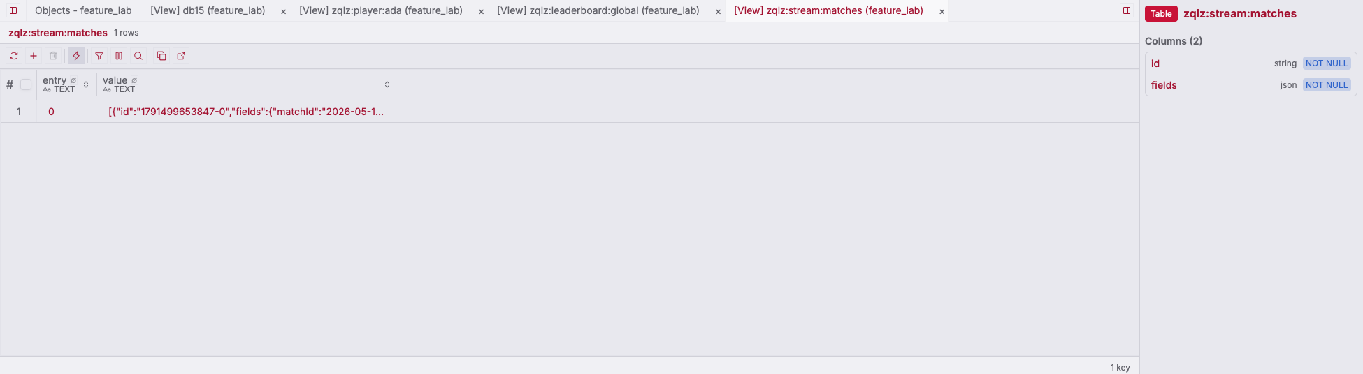 ZQLZ grid of a Redis stream showing entry IDs and field values