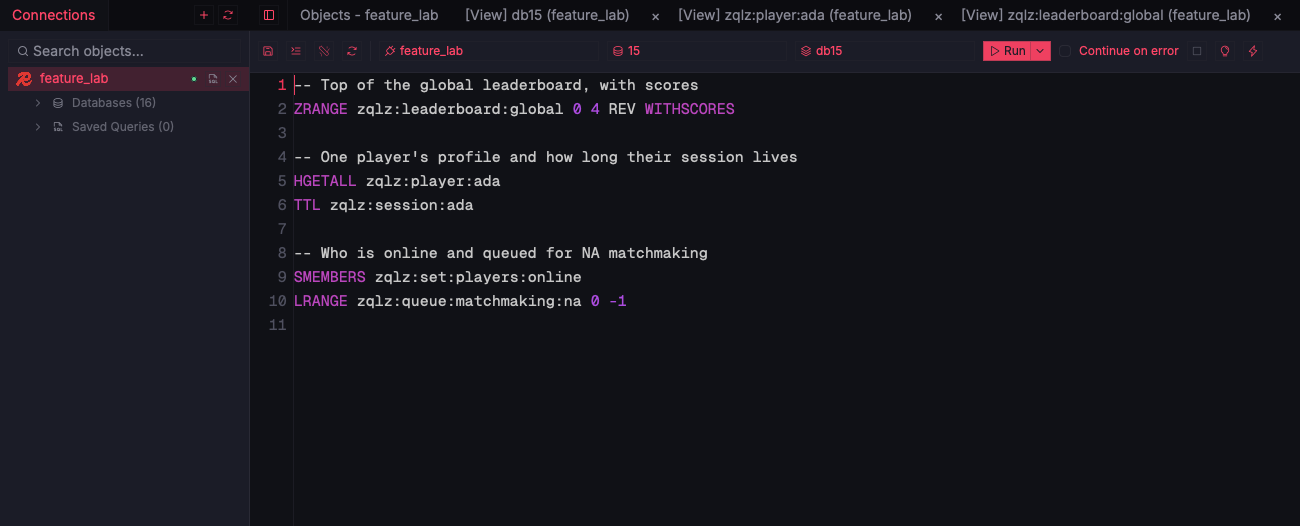 ZQLZ editor with Redis commands such as ZRANGE, HGETALL, TTL, SMEMBERS, and LRANGE highlighted