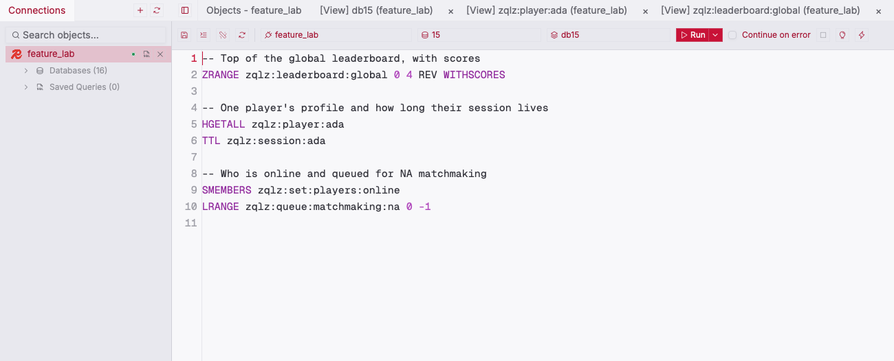 ZQLZ editor with Redis commands such as ZRANGE, HGETALL, TTL, SMEMBERS, and LRANGE highlighted