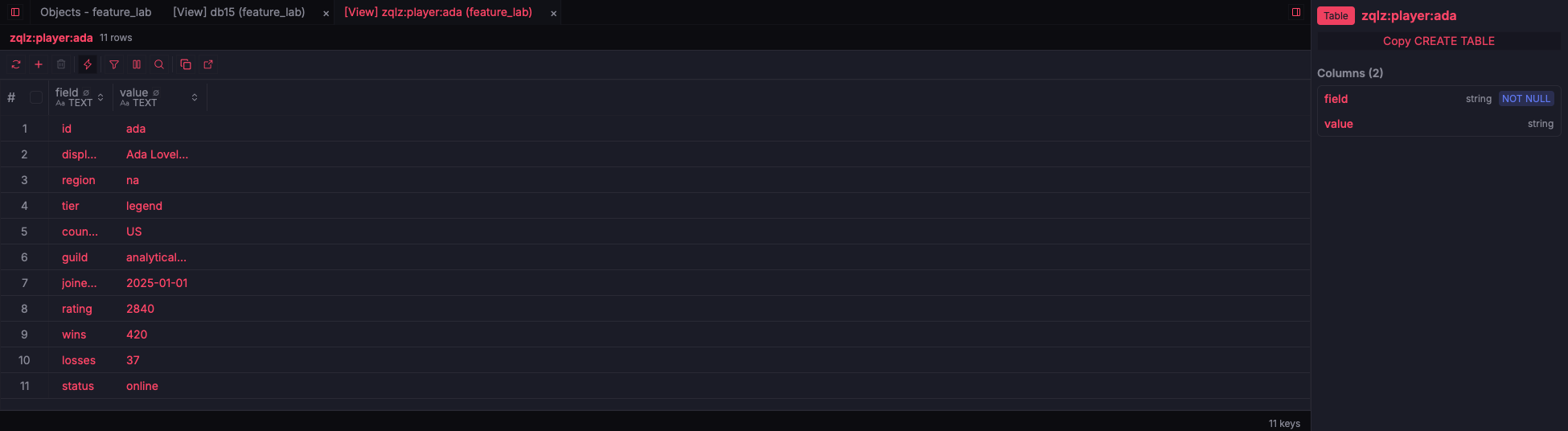 ZQLZ grid of a Redis hash showing a player's fields and values