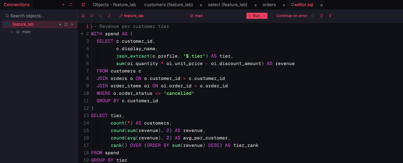 ZQLZ SQL editor with a SQLite CTE, json_extract, and a rank() window function