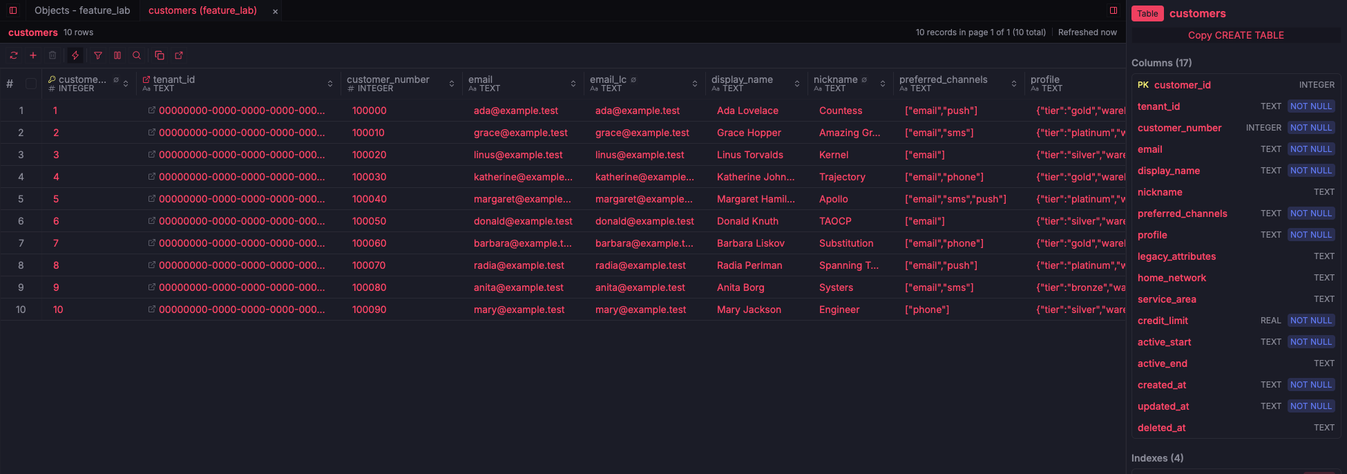ZQLZ grid of a SQLite customers table with JSON profile and array columns