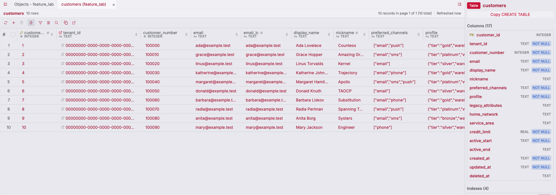 ZQLZ grid of a SQLite customers table with JSON profile and array columns
