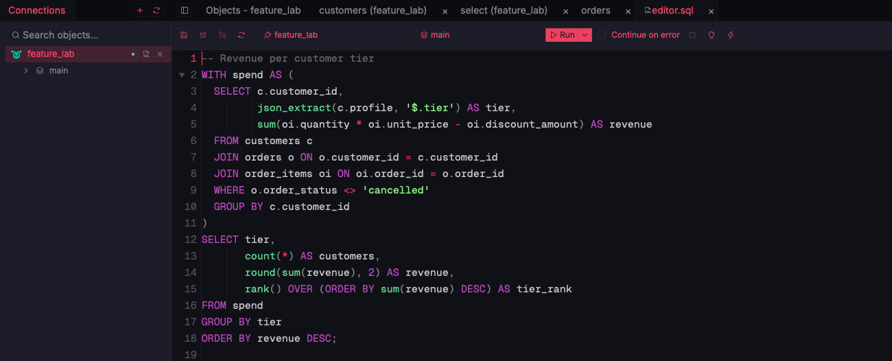 ZQLZ SQL editor with a libSQL query using a CTE, json_extract, and a rank() window function