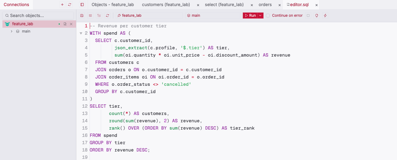 ZQLZ SQL editor with a libSQL query using a CTE, json_extract, and a rank() window function