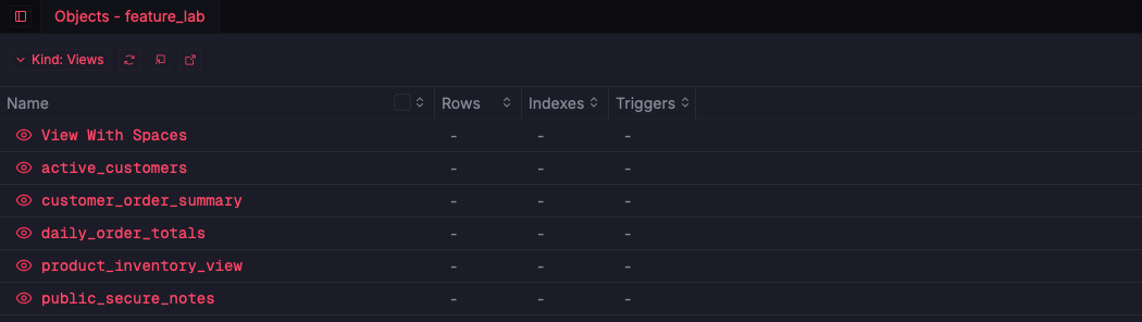 ZQLZ object list showing six views in a Turso database, one with spaces in its name