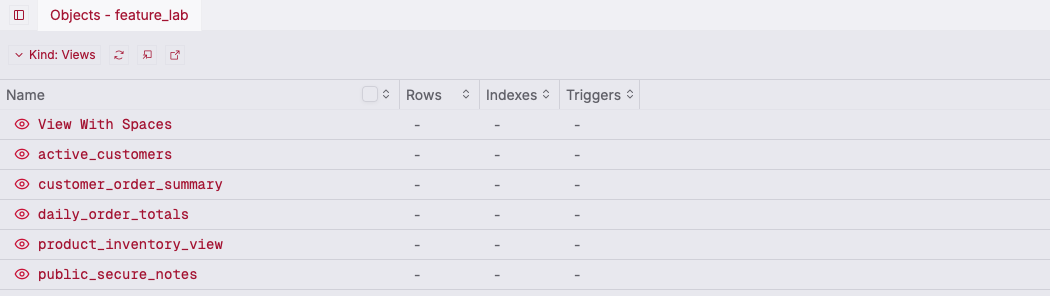 ZQLZ object list showing six views in a Turso database, one with spaces in its name