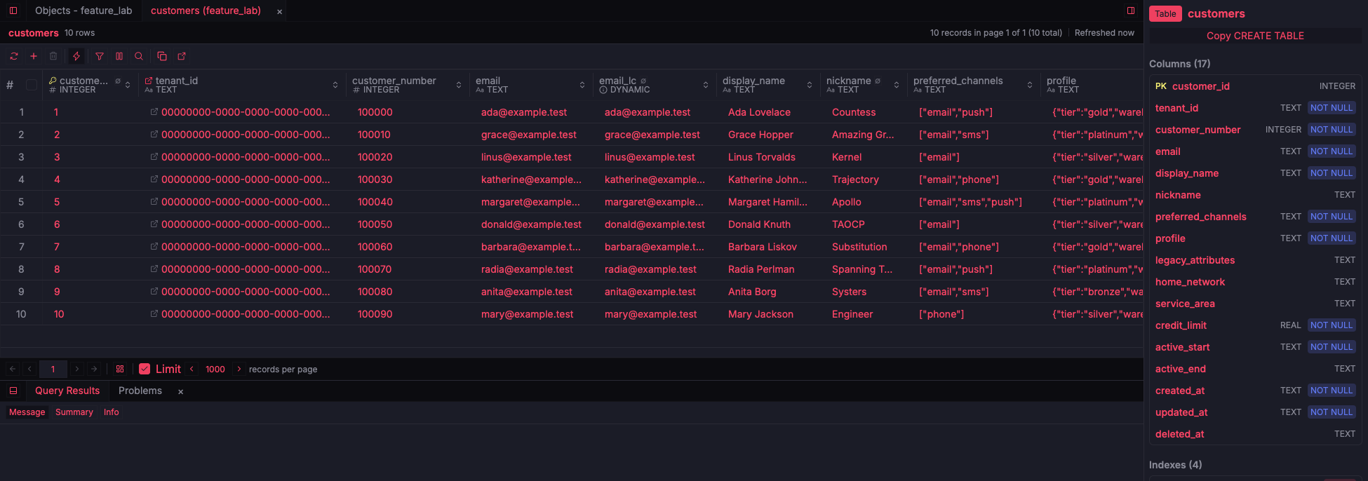 ZQLZ grid of a Turso customers table with JSON profile and array columns