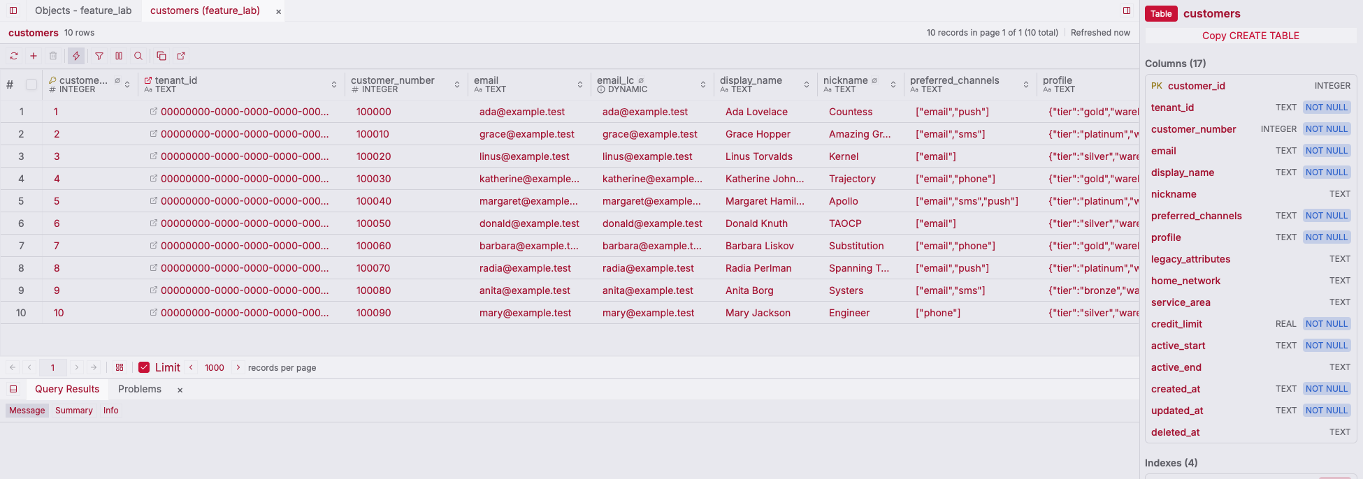 ZQLZ grid of a Turso customers table with JSON profile and array columns